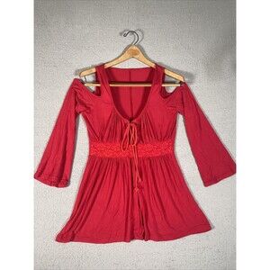 Size Med Whimsy Goth Red 90s Off Shoulder Bell Sleeve Lace Corset‎ Peasant Top